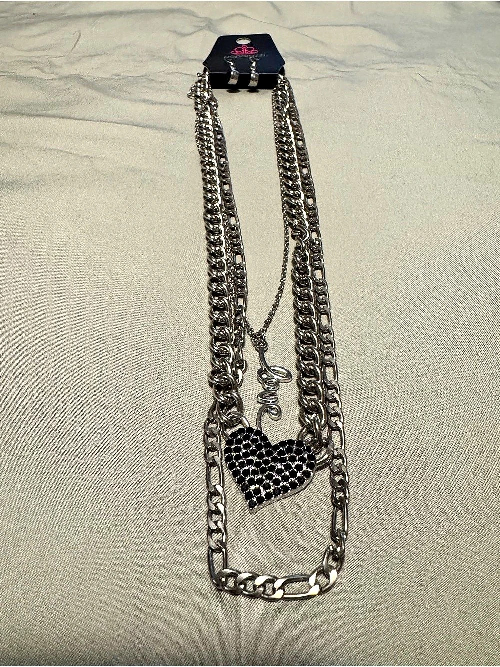 Paparazzi Black Rhinestone Heart Layered Chain Necklace Earrings NWT